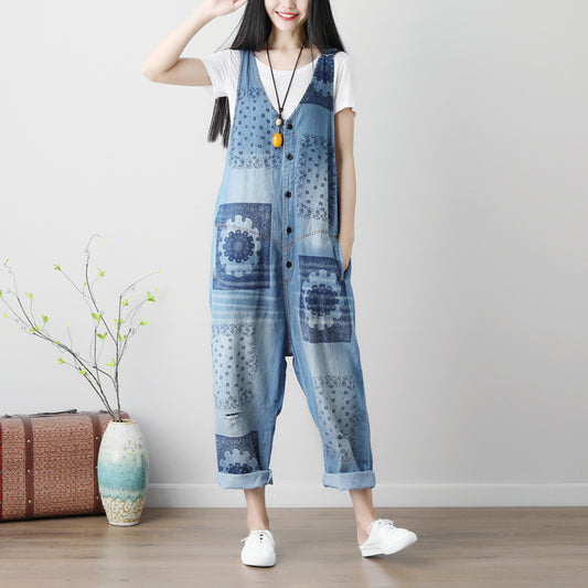 Sleeveless Plus Size Washed Printed Ripped Denim Overalls