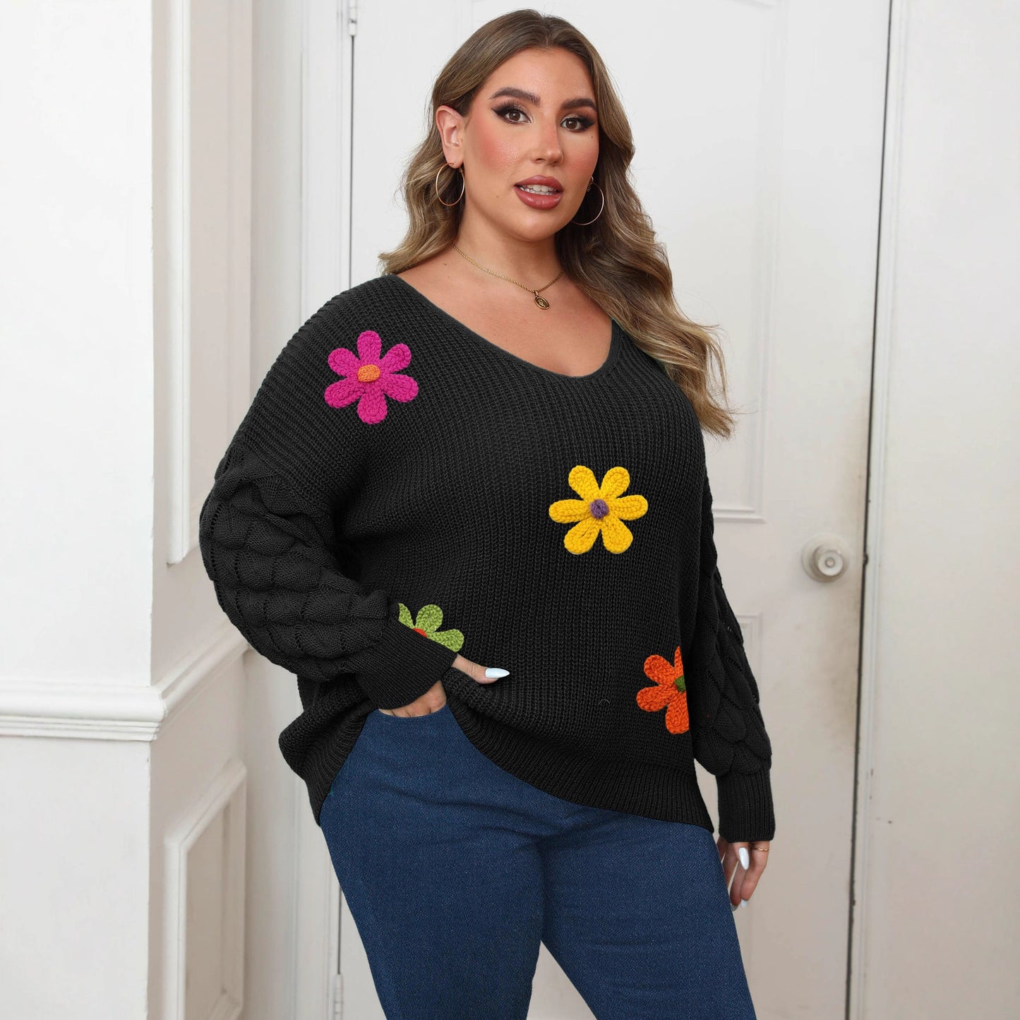 Plus-size Women's Sweater Pineapple Sleeve Patch Base Shirt 3D Wool Embroidery Flowers