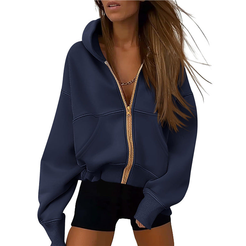 Women's Zipper Hooded Sweatshirt – Long Sleeve Loose-Fit Sports Jacket with Pockets