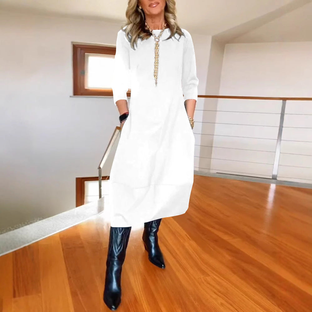 Women's New All-Matching Solid Color Loose Round Neck Long Sleeve Dress