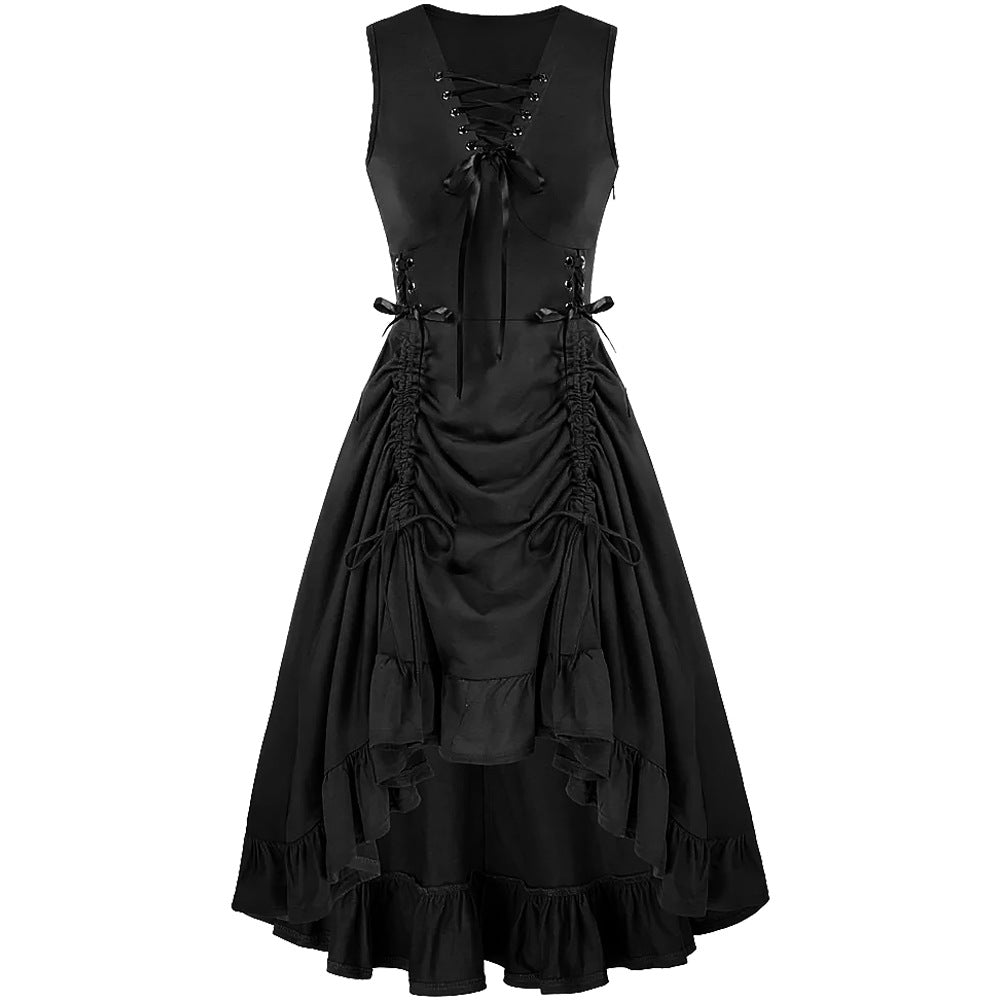 Steampunk Renaissance-Style Short Sleeve Dress with Lace and Drawstring Details