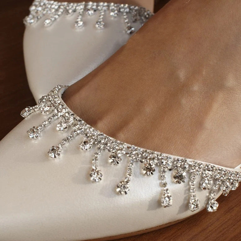 White Flat Shoes with Tassel and Rhinestone Decoration