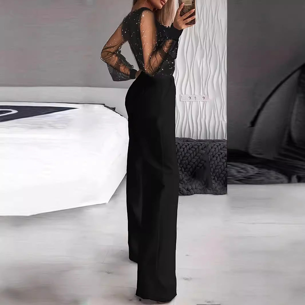 Fashionable Slim-Fit Solid Color V-Neck Jumpsuit with Mesh Stitching and High Waist Pockets