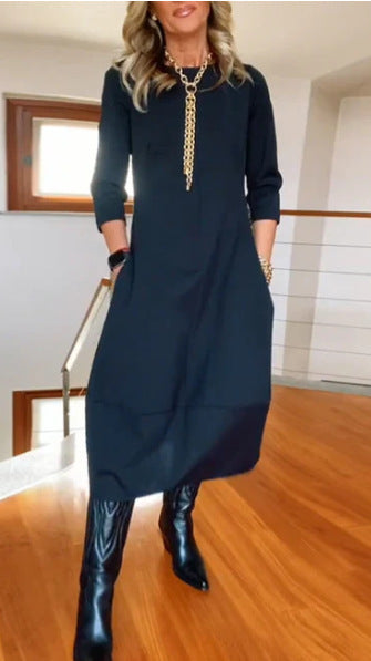 Women's New All-Matching Solid Color Loose Round Neck Long Sleeve Dress