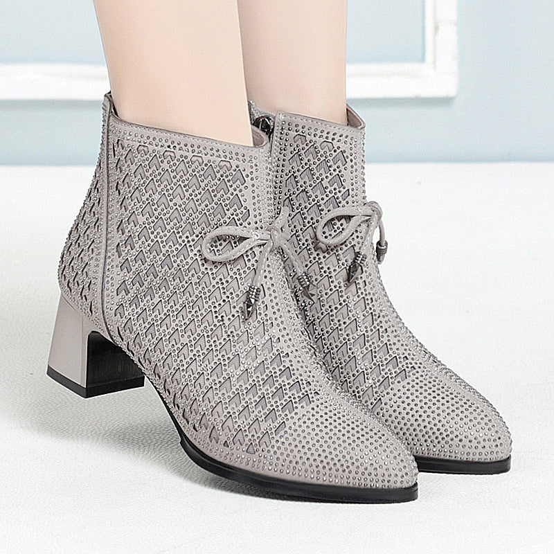 Women's Chunky Heel Mesh Boots with Hollow Design and Rhinestone High Heels