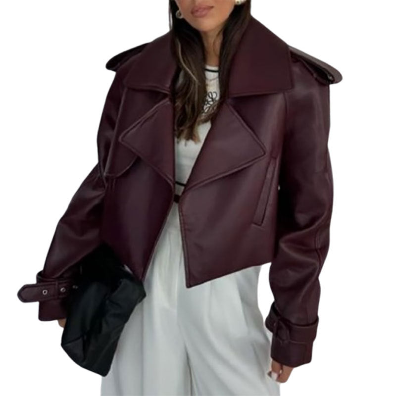 Women's Solid Color Short Leather Coat – Loose-Fit Design