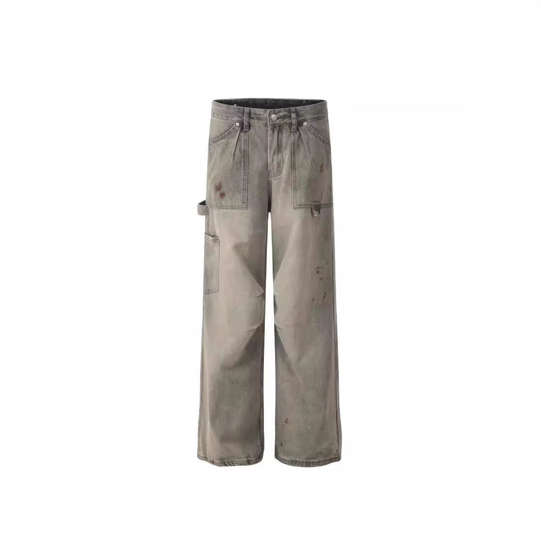 Retro American Smoky Gray Washed Jeans with Splash Ink Effect