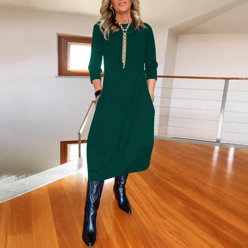 Women's New All-Matching Solid Color Loose Round Neck Long Sleeve Dress