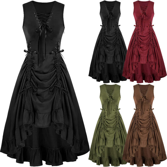 Steampunk Renaissance-Style Short Sleeve Dress with Lace and Drawstring Details