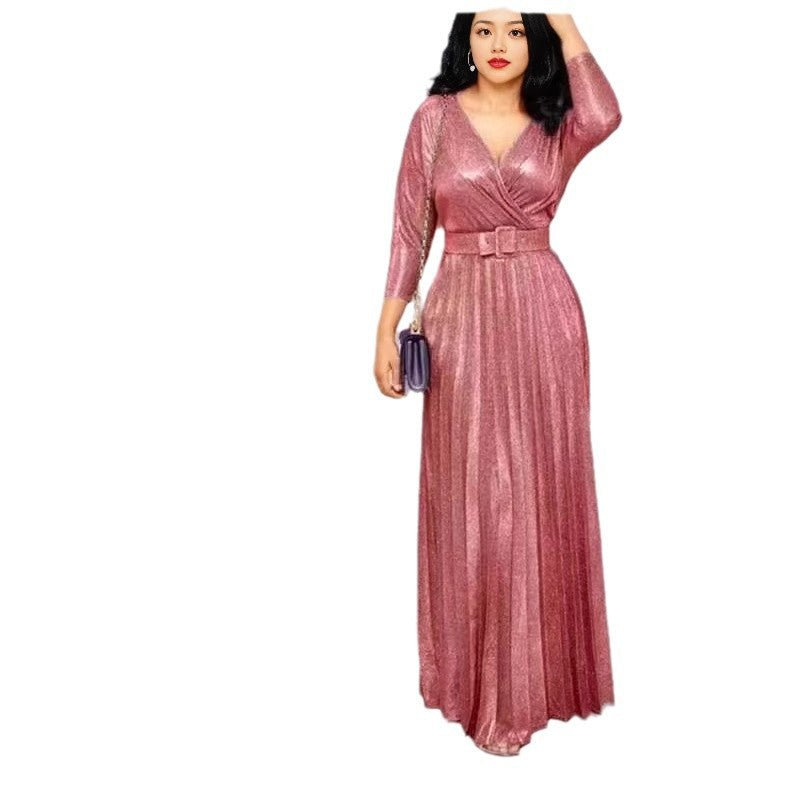 Women's Fashion Long Sleeve Bronzing Pleated Puffy Dress with Belt