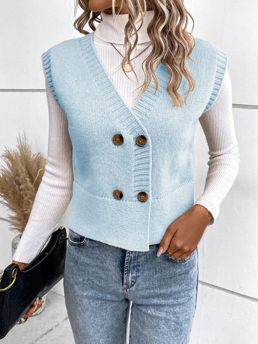 New Casual Knitted V-Neck Sweater with Buttons