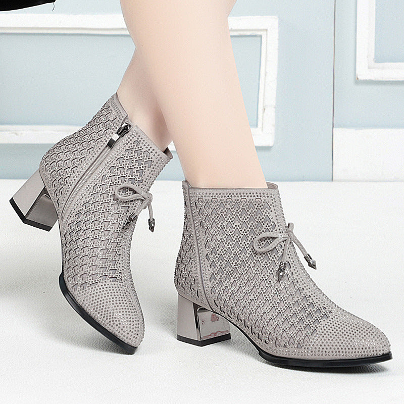 Women's Chunky Heel Mesh Boots with Hollow Design and Rhinestone High Heels