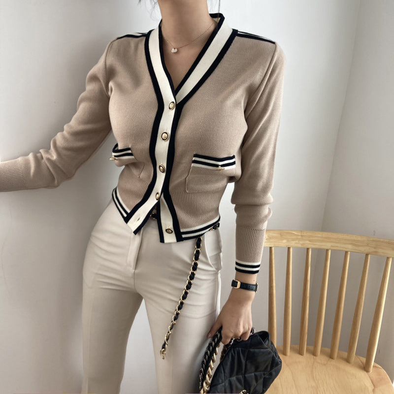 V-neck Long Sleeve Knitted Cardigan with Stitching and Metal Button Details