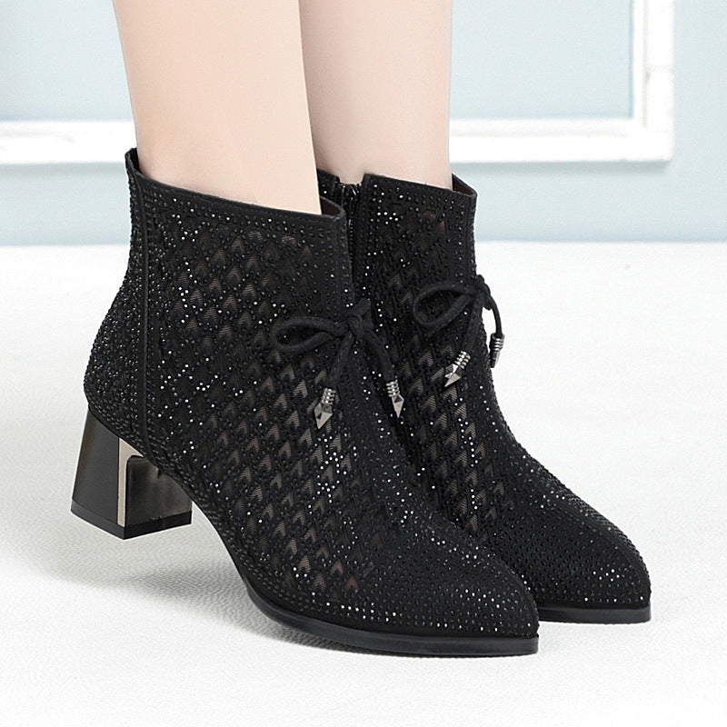 Women's Chunky Heel Mesh Boots with Hollow Design and Rhinestone High Heels