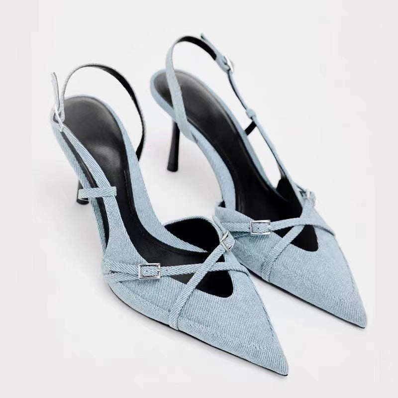 Solid Color Pointed Toe High Heel Sandals with Cross Buckle Detail