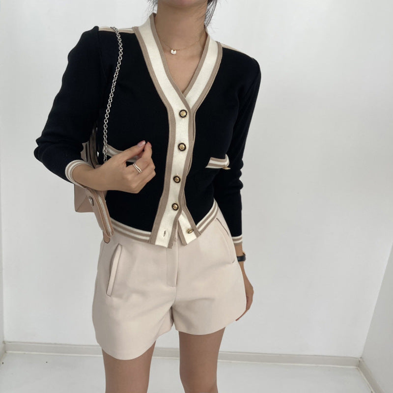 V-neck Long Sleeve Knitted Cardigan with Stitching and Metal Button Details