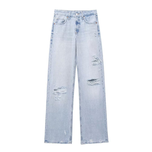 Women's Fashion Mid-Waist Wide-Leg Jeans with Decorative Holes