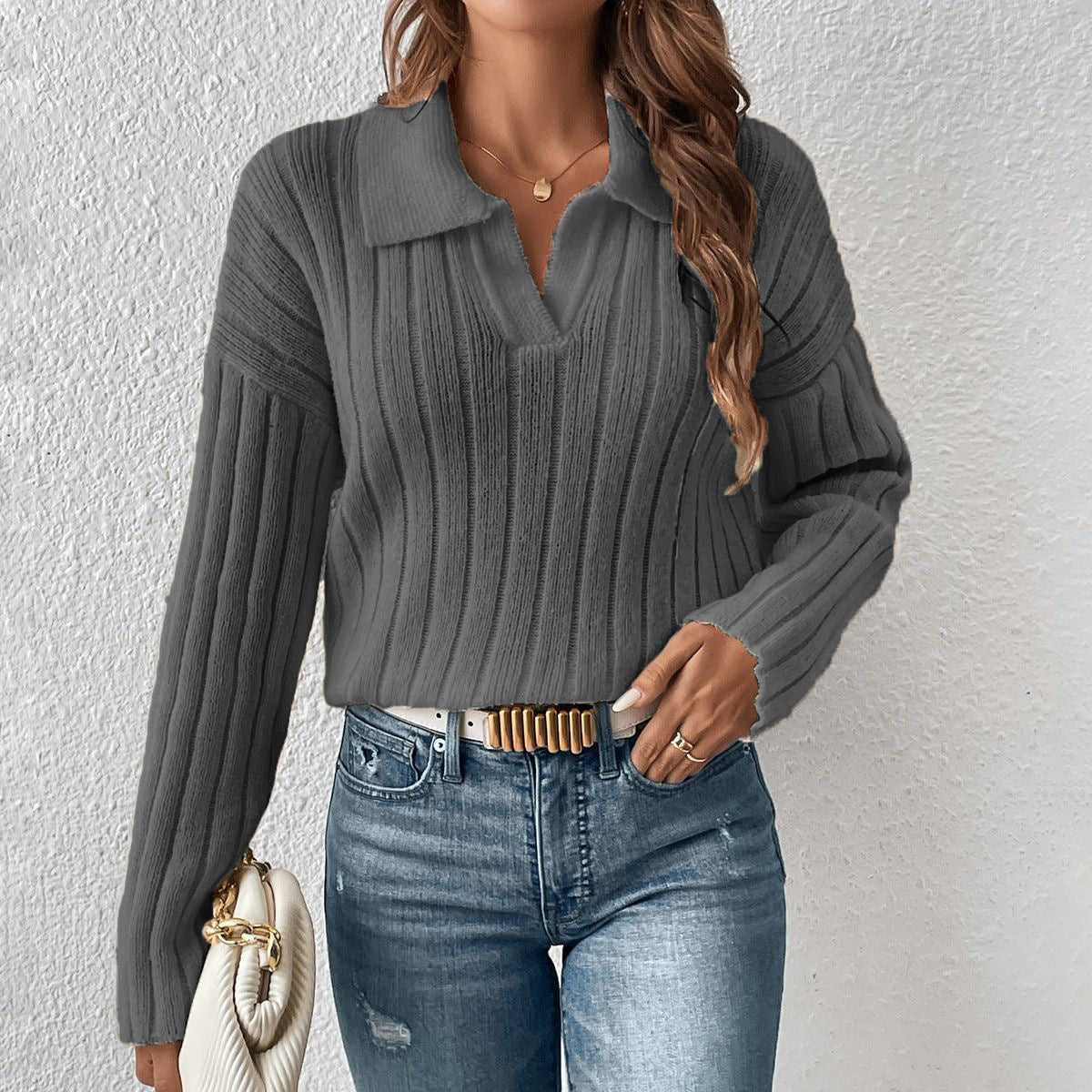 Women's Fashionable Casual Polo Collar Sweater