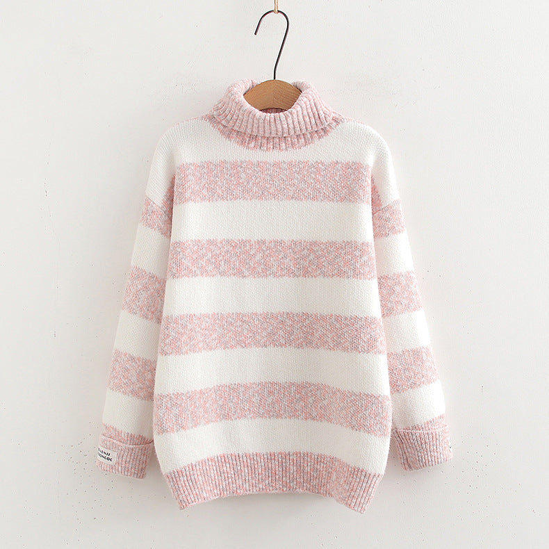 Japanese-Style Striped Contrast Color Half Turtleneck Long Sleeve Knitted Pullover Sweater