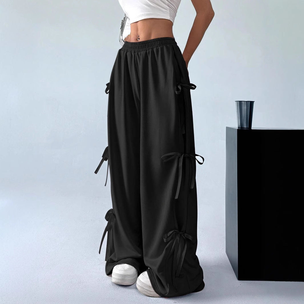 Women's Elastic Waist Solid Color Bow Lace-Up Casual Straight-Leg Pants