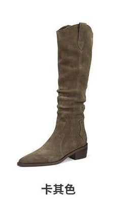 Women's Suede Pointed Toe Chunky Heel Long Biker Boots with Pile Style