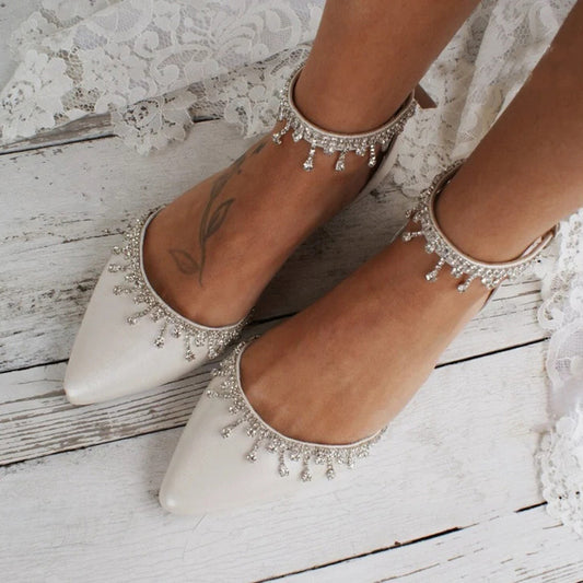 White Flat Shoes with Tassel and Rhinestone Decoration