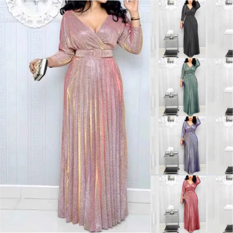 Women's Fashion Long Sleeve Bronzing Pleated Puffy Dress with Belt