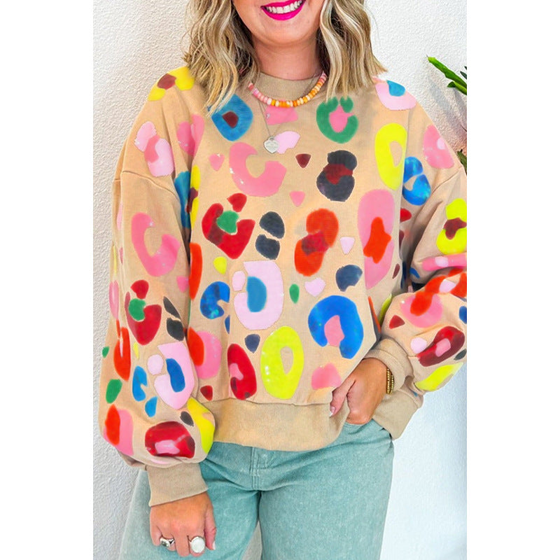 Winter Leopard Print Crew Neck Sweatshirt