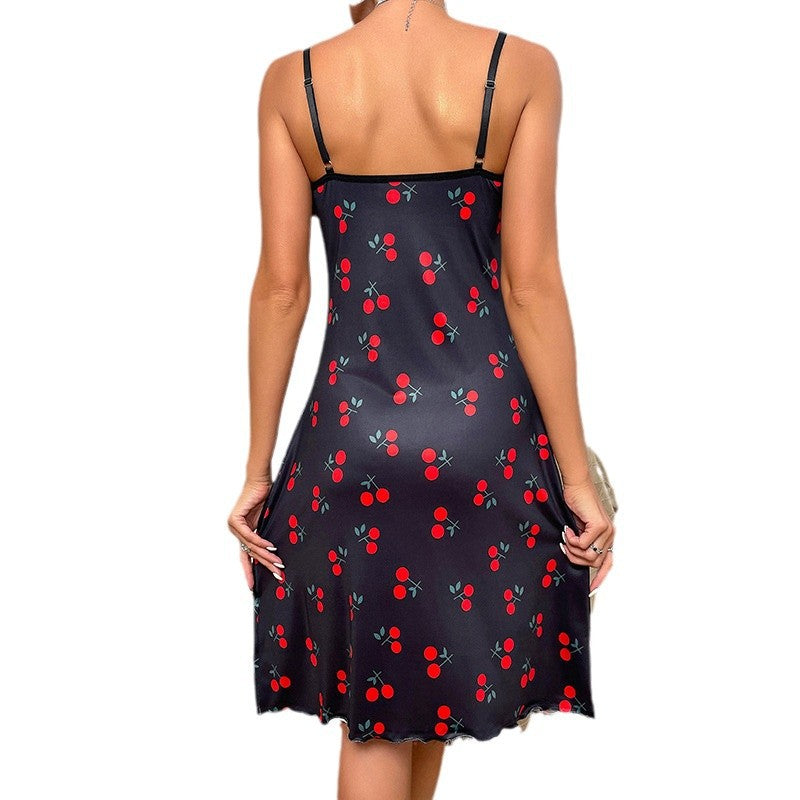 Women's Cherry Love Print Nightdress with Spaghetti Straps