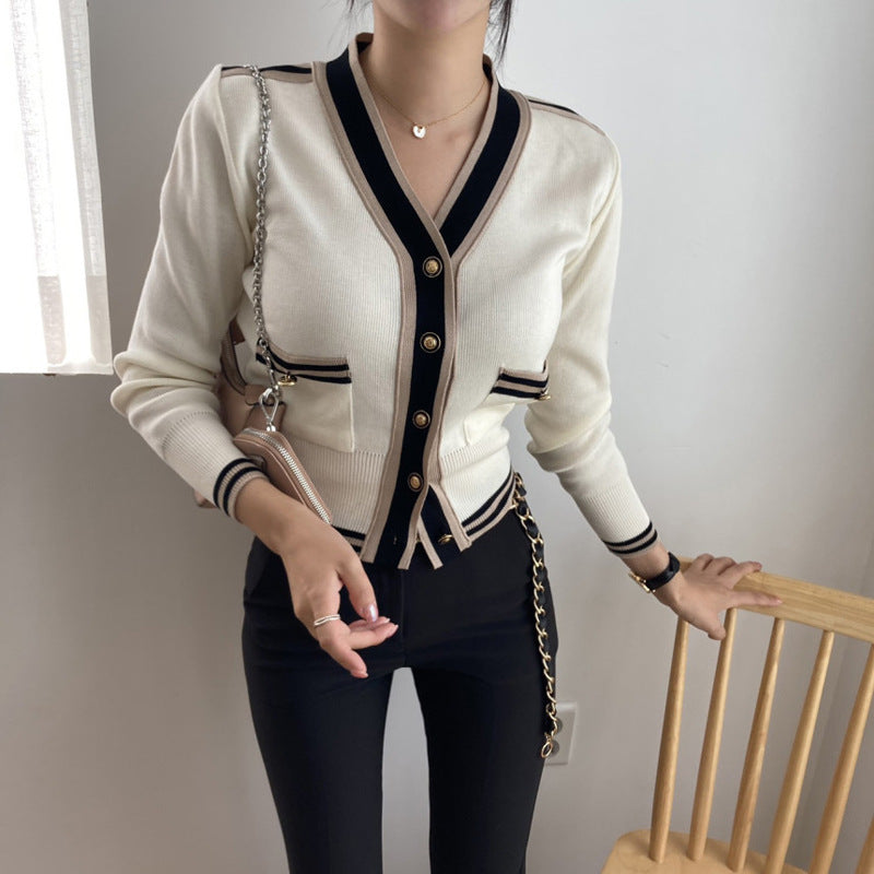 V-neck Long Sleeve Knitted Cardigan with Stitching and Metal Button Details