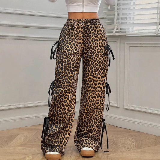 Women's Elastic Waist Solid Color Bow Lace-Up Casual Straight-Leg Pants