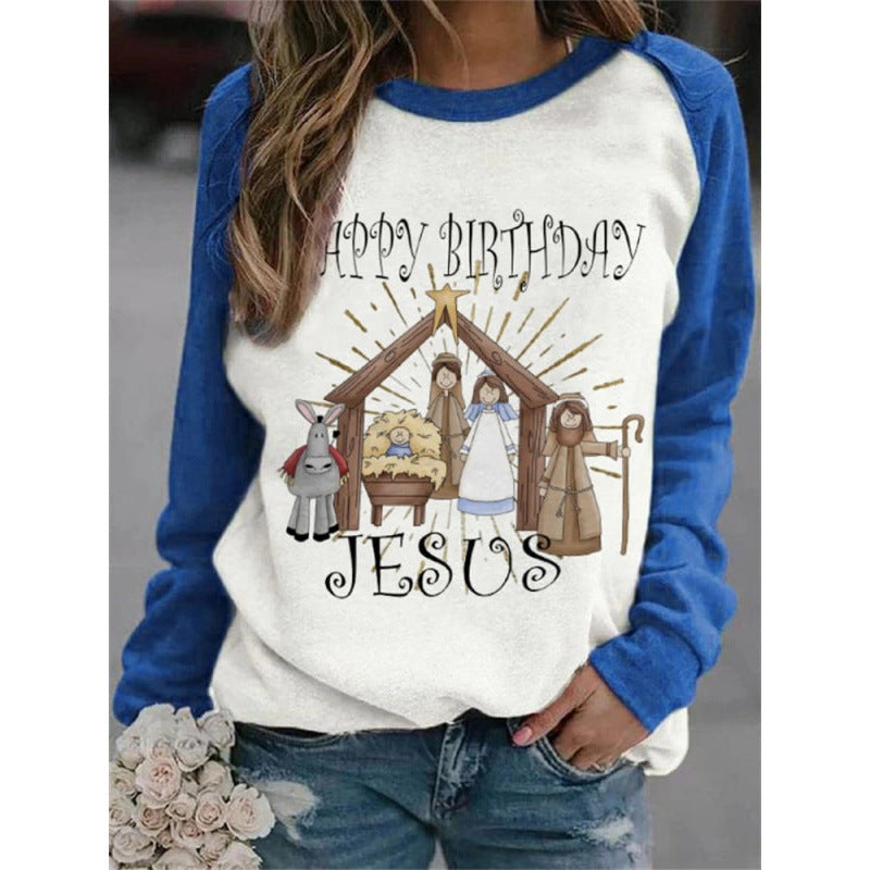 Women's Printed Crew Neck Sweater with Long Sleeves