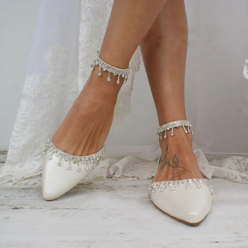 White Flat Shoes with Tassel and Rhinestone Decoration