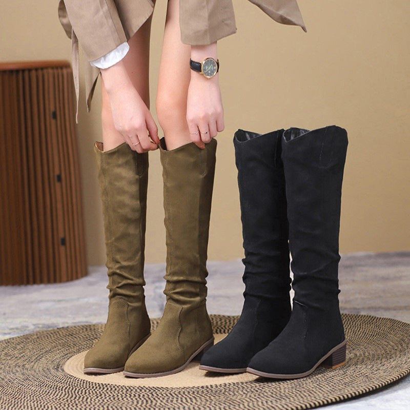 Women's Suede Pointed Toe Chunky Heel Long Biker Boots with Pile Style