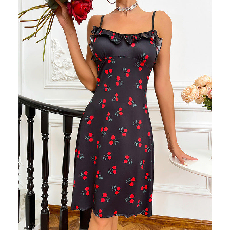 Women's Cherry Love Print Nightdress with Spaghetti Straps