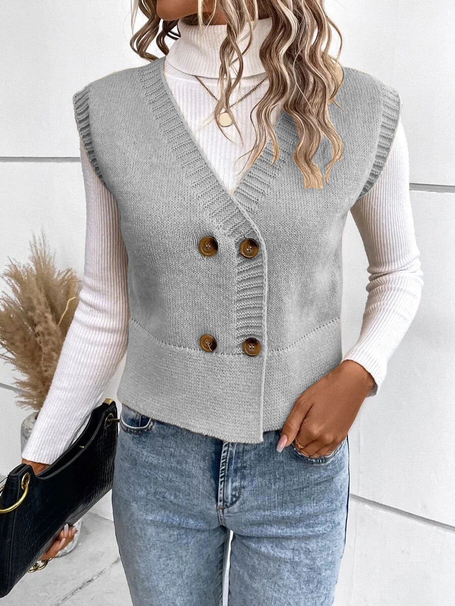 New Casual Knitted V-Neck Sweater with Buttons