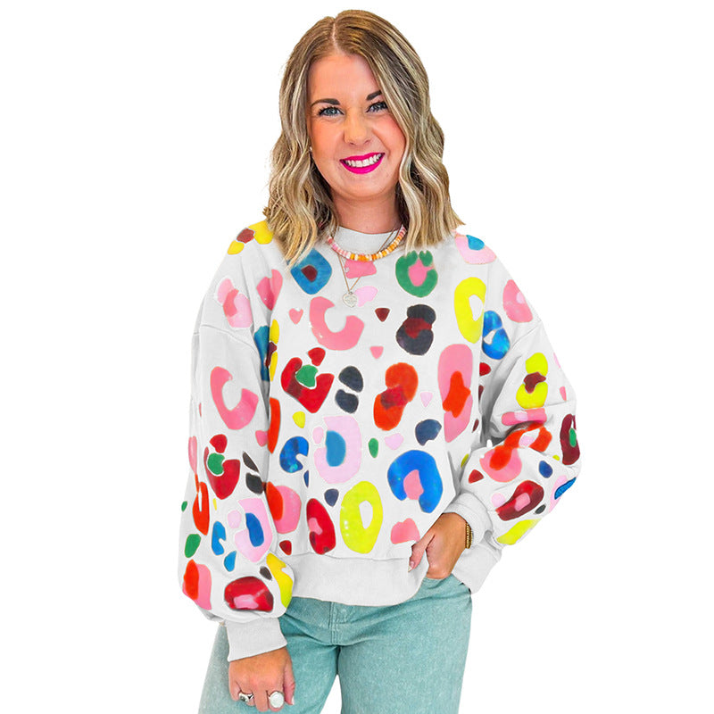 Winter Leopard Print Crew Neck Sweatshirt