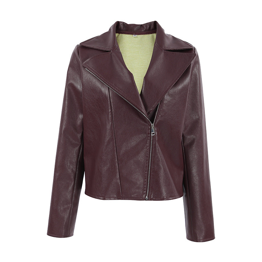 Wine Red Faux Leather Suit Jacket with Collar and Long Sleeves