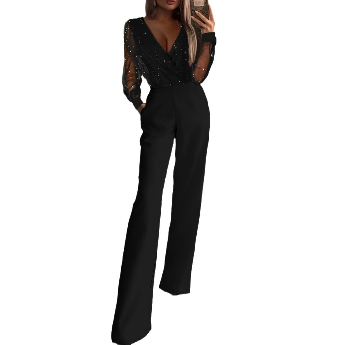 Fashionable Slim-Fit Solid Color V-Neck Jumpsuit with Mesh Stitching and High Waist Pockets