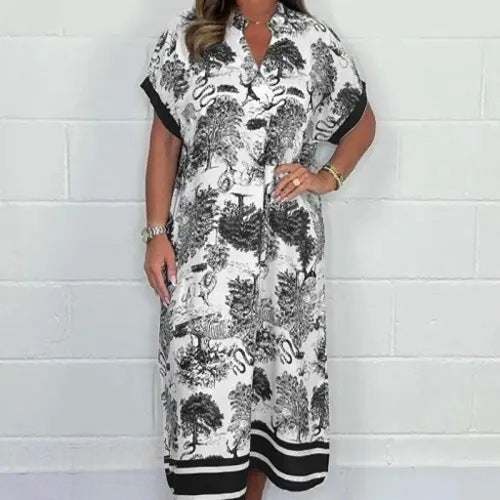 Loose-Fit Printed Short Sleeve Dress