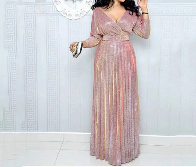 Women's Fashion Long Sleeve Bronzing Pleated Puffy Dress with Belt