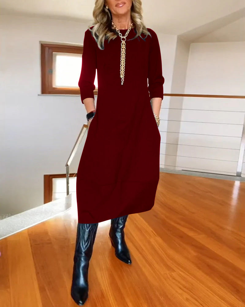 Women's New All-Matching Solid Color Loose Round Neck Long Sleeve Dress