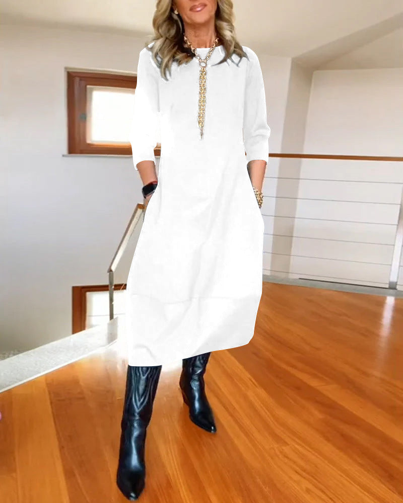 Women's New All-Matching Solid Color Loose Round Neck Long Sleeve Dress