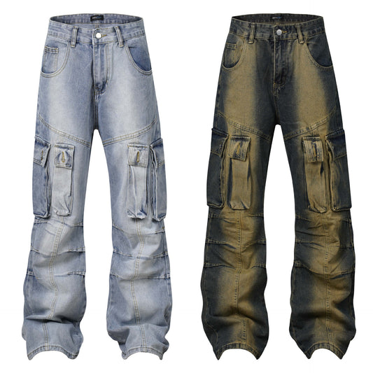 High-Street American Washed Distressed Pleated Denim Overalls with Multi-Pocket Design