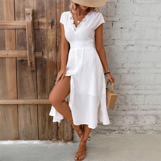 V-neck Lace Textured Shirt Fashion Dress Date Elegant Dress