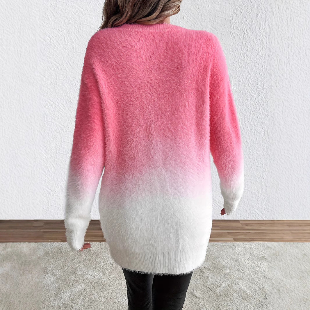 Elegant Women's Gradient Woolen Round Neck Sweater