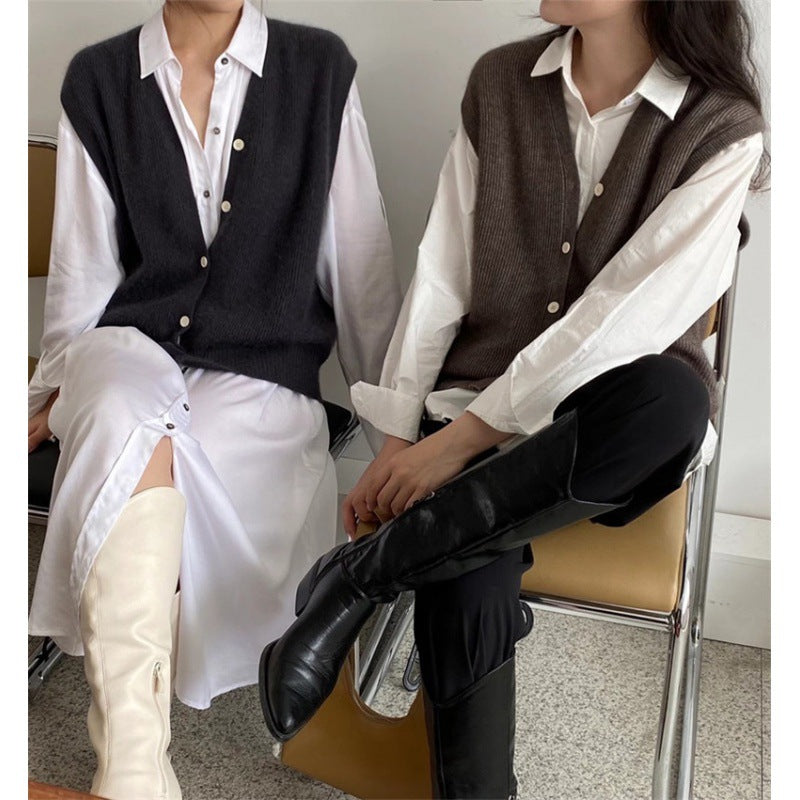 Korean-Style Loose Knitted Wool Cardigan Vest with Bandage Design