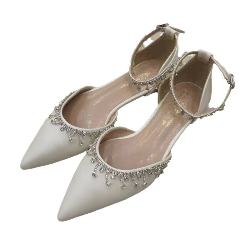 White Flat Shoes with Tassel and Rhinestone Decoration