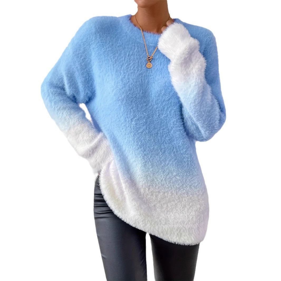 Elegant Women's Gradient Woolen Round Neck Sweater