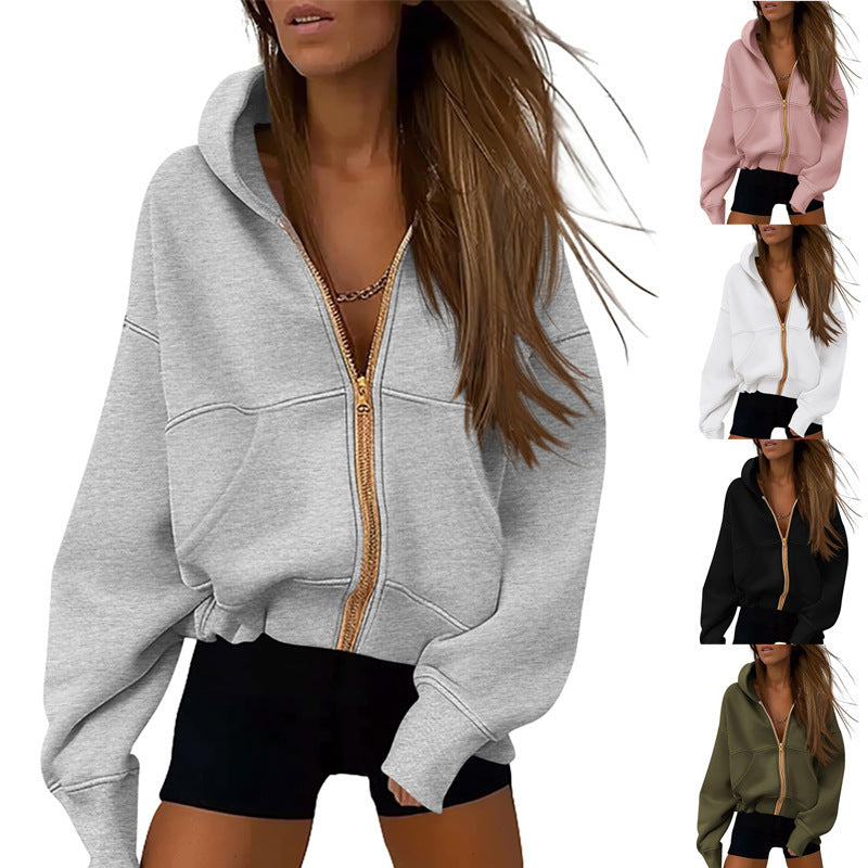 Women's Zipper Hooded Sweatshirt – Long Sleeve Loose-Fit Sports Jacket with Pockets